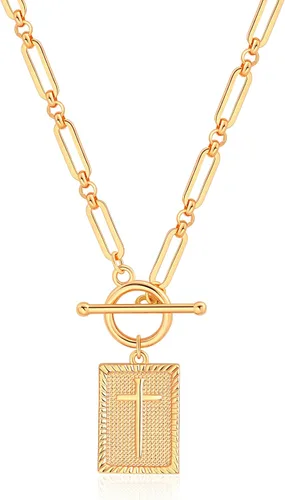 Vista 36 de Aobei Pearl Collar chapado en oro de 18 quilates con dije de cruz de corazón, corazón, estrella, león, mal de ojo, amor, medallón, clip de papel