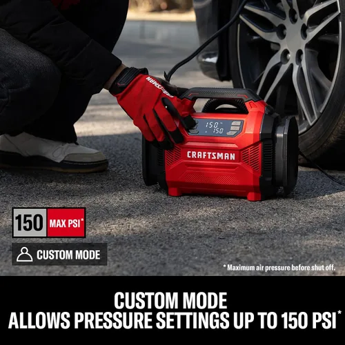 Vista 4 de CRAFTSMAN Inflador de neumáticos de doble potencia con indicador digital y apagado automático 12V DC Car Plug and 120V AC Home Use with Up to 150