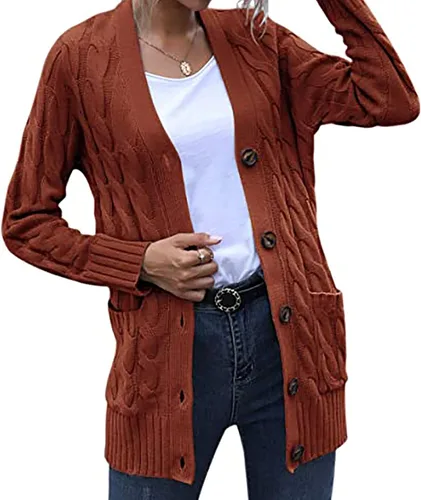 Vista 4 de Cárdigan para mujer suéteres gruesos de talla grande manga larga parte delantera abierta abrigo de punto trenzado con bolsillos ropa exterior