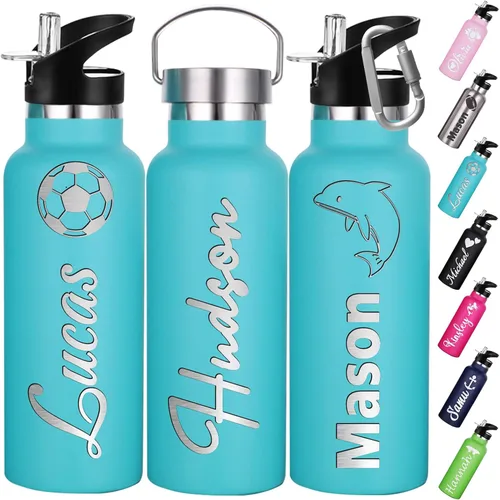 Vista 11 de Botellas de agua personalizadas con tapa de popote de 12/26 onzas con nombre grabado, logotipo, botella aislada personalizada, botellas de agua