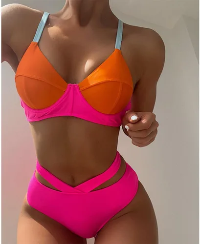 Vista 2 de Conjunto de bikini halter triangular para mujer, bikini sexy, traje de baño de verano para playa, espalda descubierta, cintura alta, traje de baño