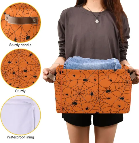 Vista 8 de ALAZA Caja de almacenamiento plegable de tela de araña de Halloween, color naranja, cesta organizadora con asas para estantes, armario, sala