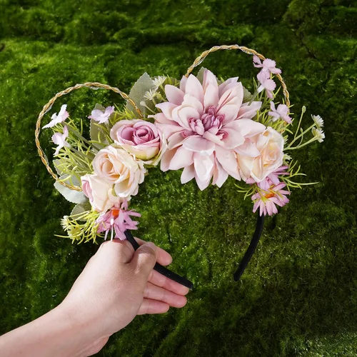 Vista 4 de Diadema LED con orejas de ratón y flores, corona para adultos, mujeres y niñas, para parque de adultos, orejas de ratón iluminadas, para temática