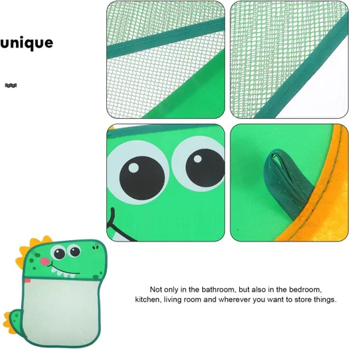 Vista 5 de Tofficu Bolsa de almacenamiento de juguetes de baño de dinosaurios con ventosas, organizador de malla para baño y bañera de niños, almacenamiento
