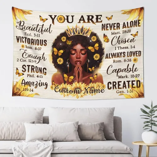 Vista 8 de QOQIOSOC Tapiz personalizado para mujer negra con nombre, tapiz para colgar en la pared de yoga afroamericano, meditación, tapiz para colgar