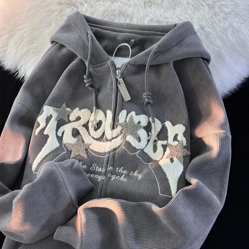 Vista 5 de Sumleno Y2K - Sudadera con capucha y cremallera con estampado de letras y estampado de estrellas, grunge, sudadera de pana con capucha de gran