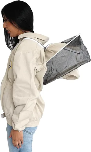 Vista 2 de Chaqueta de apicultura con velo redondo y guantes, chaqueta de abeja de lona natural con cremalleras de latón YKK duraderas para apicultores