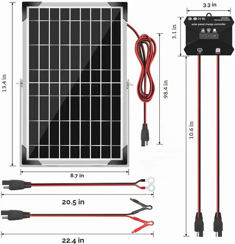 Vista 6 de Voltset - Cargador de batería solar de 10 W 12 V: mantenedor de panel solar para automóvil, barco - Cargador solar monocristalino impermeable
