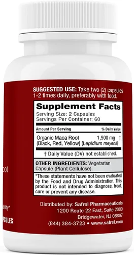 Vista 4 de Safrel Raíz de maca orgánica negra, roja, amarilla, 1900 mg por porción, 120 cápsulas veganas de raíz de maca peruana gelatinizada 100% pura sin OMG