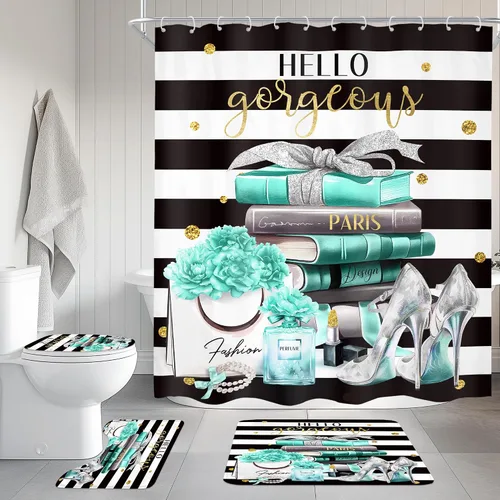 Vista 21 de Juego de cortina de ducha de baño de 4 piezas de perfume de libros de moda A1-rosa Negro Blanco