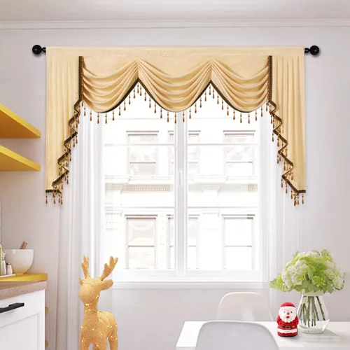 Vista 8 de ELKCA Cenefa de Cascada Jacquard con Cuentas de Lujo Beige Cenefas de Cortinas de Ventana para Sala de Estar, Bolsillo para Varilla, 1 Panel
