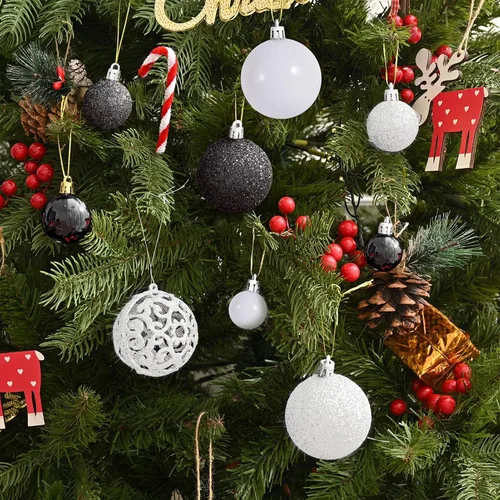 Vista 4 de 100 piezas de esferas navideñas, adornos colgantes inastillables negros+blancos para árbol de Navidad