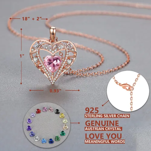 Vista 57 de Collar de cristal de 5 corazones, chapado en oro rosa de 18 quilates, colgante con cadena de plata de ley 925 de 18 + 2 pulgadas, joyería de piedra