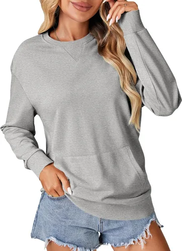Vista 16 de OPOIPIN Suéter con bolsillo de manga larga y cuello redondo para mujer, estilo casual