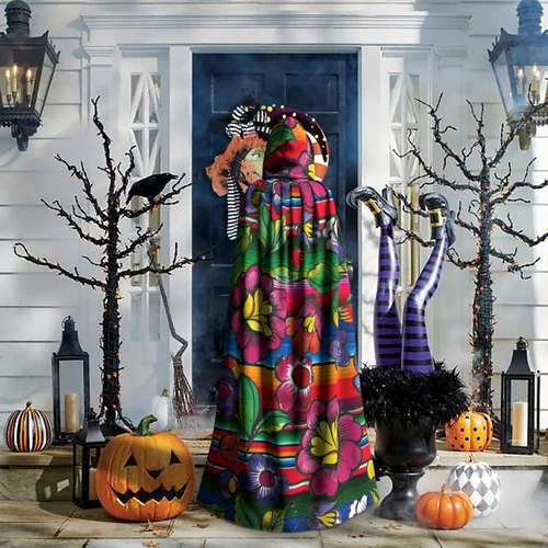 Vista 6 de Colorida capa con capucha de serape mexicano capa unisex con capucha capa de bruja de vampiro disfraz de cosplay