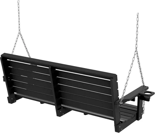 Vista 9 de Plawdlik Columpios de porche, silla de patio de 2 asientos con dos portavasos, banco impermeable de polietileno de alta densidad para patio