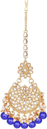 Vista 7 de Aheli Elegant Wear - Gargantilla con tachuelas Kundan de imitación con juego de Maang Tikka Azul