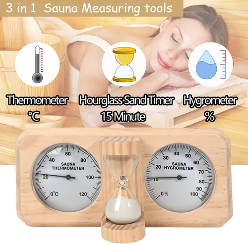 Vista 3 de ikare Termómetro e higrómetro para sauna 3 en 1 de madera con temporizador de arena de reloj de arena de 15 minutos, accesorios de pared para sauna