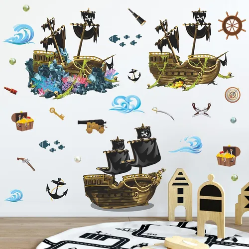 Vista 5 de Calcomanías de pared de barco pirata 3D, calcomanías de pared de naufragio, tema submarino, bricolaje, naufragio, pez, joyería, algas marinas
