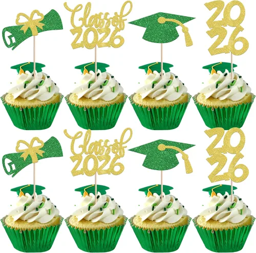 Vista 18 de 24 piezas 2026 temáticas de graduación 2026 decoraciones para cupcakes con purpurina clase de 2026 Diploma Congrats 2026 Tapa de graduación