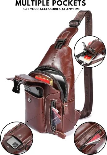 Vista 3 de Bolso bandolera pequeño de cuero para mujeres y hombres, bolsa cruzada, bolsa de pecho, mochila de viaje de hombro, resistente al agua, Caoba