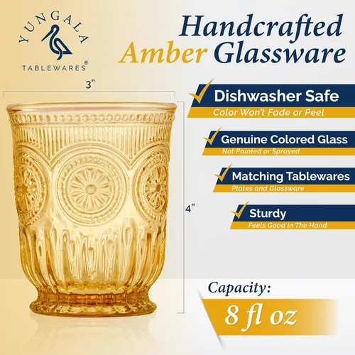 Vista 3 de Juego de vasos de beber ámbar Yungala, conjunto de 6 vasos de vidrio ámbar, vasos pequeños de agua de 8 oz, vasos de hobnail aptos