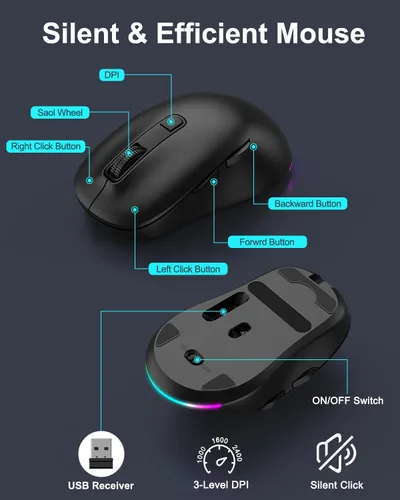 Vista 6 de EDJO Combo de teclado y mouse inalámbricos, 10 efectos retroiluminados, teclado USB recargable de tamaño completo silencioso de 2.4 GHz con 6 negro