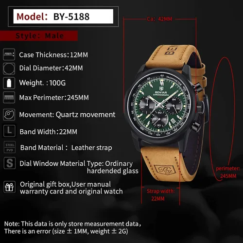 Vista 3 de BENYAR Mens Watches, Chronograph Analog Quartz Movement Sports Wrist Watch, 30M Waterproof Watch for Men, Retro Street Style Men's Watch
