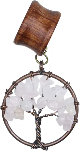 Vista 3 de Kit de dilatación de aretes de madera de cuarzo rosa hecho a mano con diseño de árbol de la vida