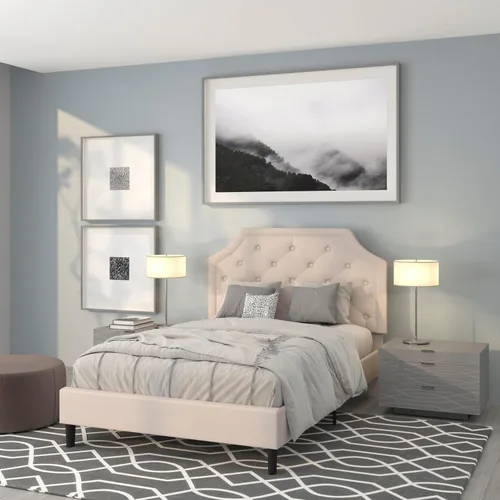 Vista 23 de EMMA + OLIVER Base de cama tapizada con diseño arqueado y diseño capitoné en tela beige