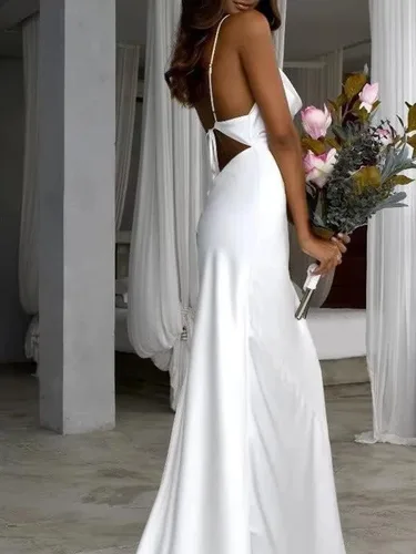 Vista 2 de Vestidos de dama de honor de satén con tirantes delgados, vestidos largos con cuello vuelto, vestidos de graduación, vestido de noche formal