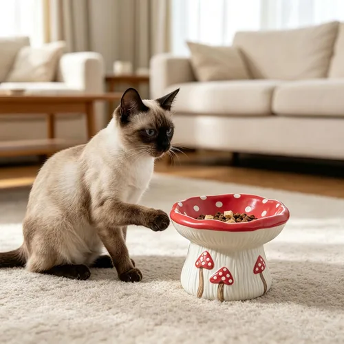 Vista 8 de Cuenco elevado del gato del alimentador lento, hongo lindo de cerámica
