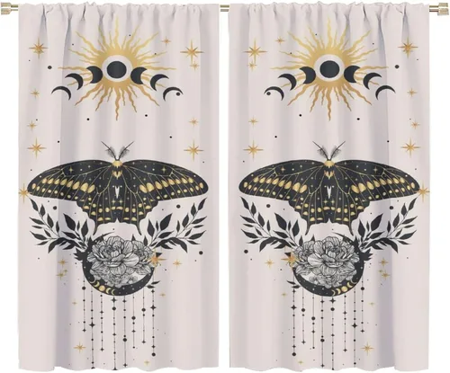 Vista 55 de Cortinas de mariposa de fantasía, polilla, sol, luna, estrella, arte floral, estampado floral, bolsillo para barra, cortinas opacas para ventana