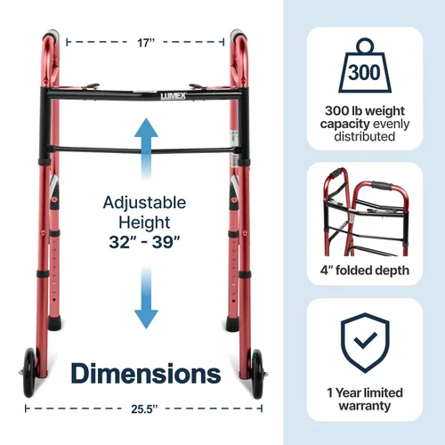 Vista 7 de Lumex ColorSelect Walker, Andador ligero y plegable de 2 ruedas para adultos y personas mayores, rojo