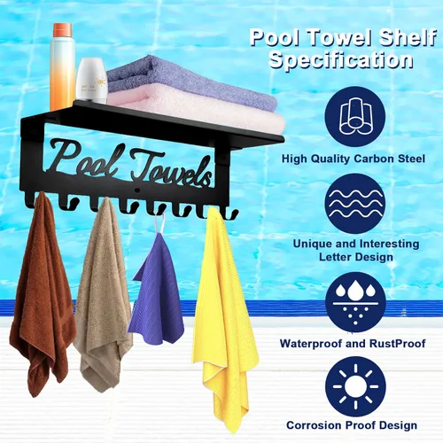 Vista 4 de Toalleros de piscina con estante 8 ganchos para piscina, baño, montaje en pared, toallero, soporte para toallas, soporte de acero al carbono