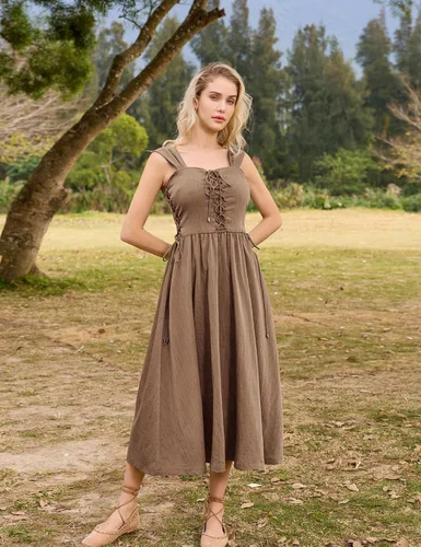 Vista 2 de Scarlet Darkness Vestido midi de verano renacentista para mujer, sin mangas, con cordones