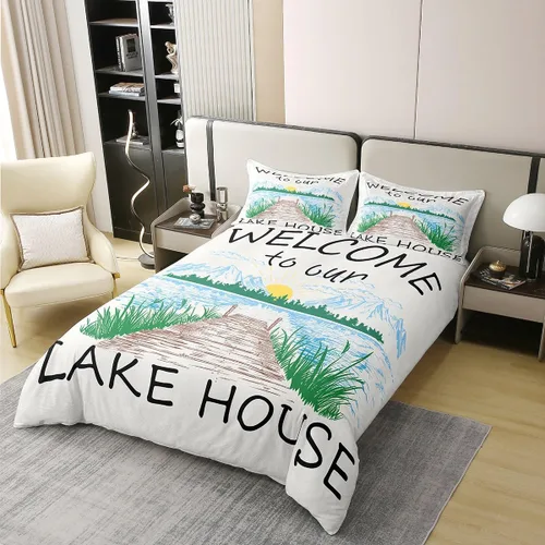 Vista 2 de Lake House - Funda de edredón 100 % algodón, tamaño individual, diseño de paisaje de lago y montaña, dibujado a mano, decoración de habitación