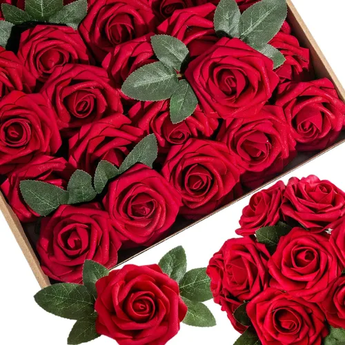 Vista 26 de 25 piezas Flores Artificiales de Espuma Rosas Falsas con Tallos 8 Hojas Rosas Sintéticas de Aspecto Real para Ramos de Boda Centros de Mesa de Negro