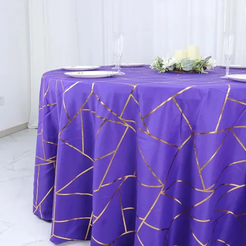Vista 2 de Efavormart - Mantel redondo de poliéster de 120 pulgadas con patrón geométrico dorado Morado