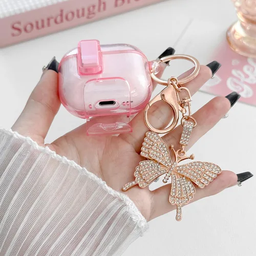 Vista 4 de Bonita funda rosa para Airpods de 4 generación con cerradura y llavero de mariposa brillante para mujeres femeninas, funda rígida transparente única