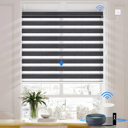 Vista 10 de Persianas motorizadas de cebra compatibles con HomeKit, Alexa, Google, persiana enrollable de doble capa con motor cableado Wi-Fi/Bluetooth, 110