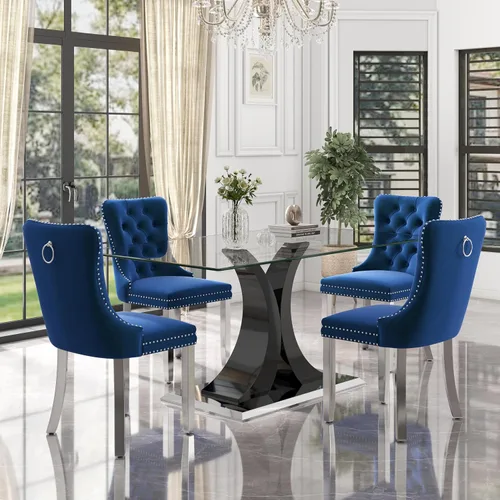 Vista 39 de Juego de comedor moderno de vidrio de lujo de 5 piezas, juego de cena rectangular minimalista grande para 4, juego de mesa de cocina de vidrio