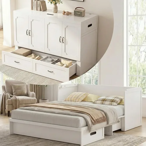 Vista 12 de Mjkone Murphy - Cama Queen Murphy con estación de carga USB y colchón de espuma viscoelástica de tres pliegues, armario oculto con cajón de Gris