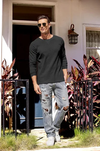 Vista 4 de COOFANDY Paquete de 2 camisas de punto gofre para hombre, camisetas de algodón de manga larga, estilo casual, cuello redondo