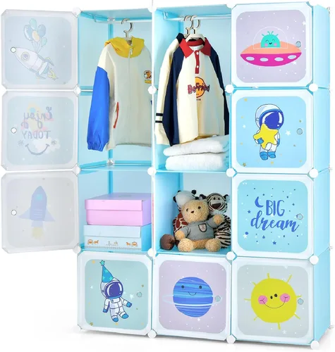 Vista 13 de INFANS Armario para niños, armario portátil para bebé, lindo para dormitorio de niños, armario de guardería con puertas, 12 cubos, 2 secciones