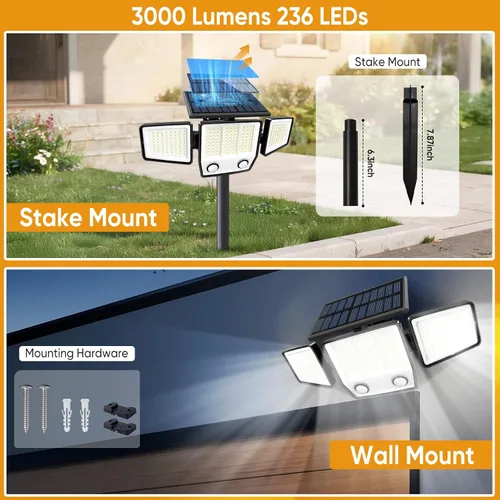 Vista 2 de MDCMDCM Luces solares para exteriores con sensor de movimiento, impermeables, 3000 lúmenes, 3 modos, luces de seguridad para exteriores, iluminación