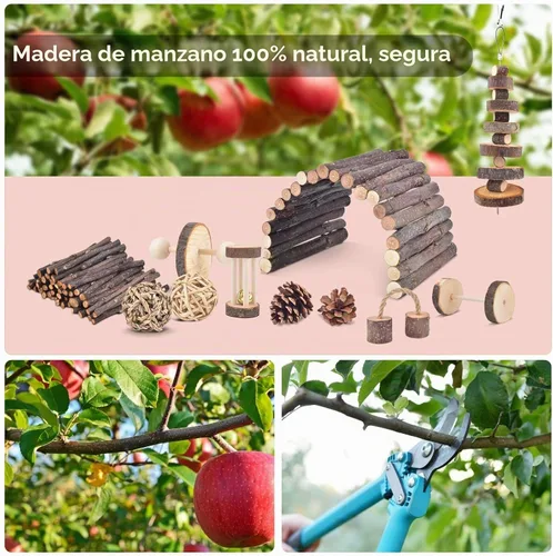 Vista 3 de ERKOON Paquete de 11 juguetes masticables de chinchillas, accesorios para el cuidado de los dientes, rodillo de escalera de madera de manzana
