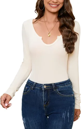 Vista 3 de Sanifer Body de manga larga con cuello en V para mujer, elástico, básico, sexy, body