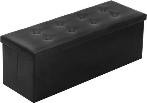 Vista 9 de YOUDENOVA Otomana plegable de almacenamiento, otomana de piel sintética, reposapiés otomano, asiento acolchado para dormitorio y sala de estar, Beige