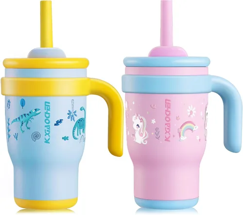 Vista 11 de KXIAOCHEN Vaso para niños de 14 onzas con asa para evitar derrames, vaso aislado reutilizable de acero inoxidable para niños pequeños, mantiene